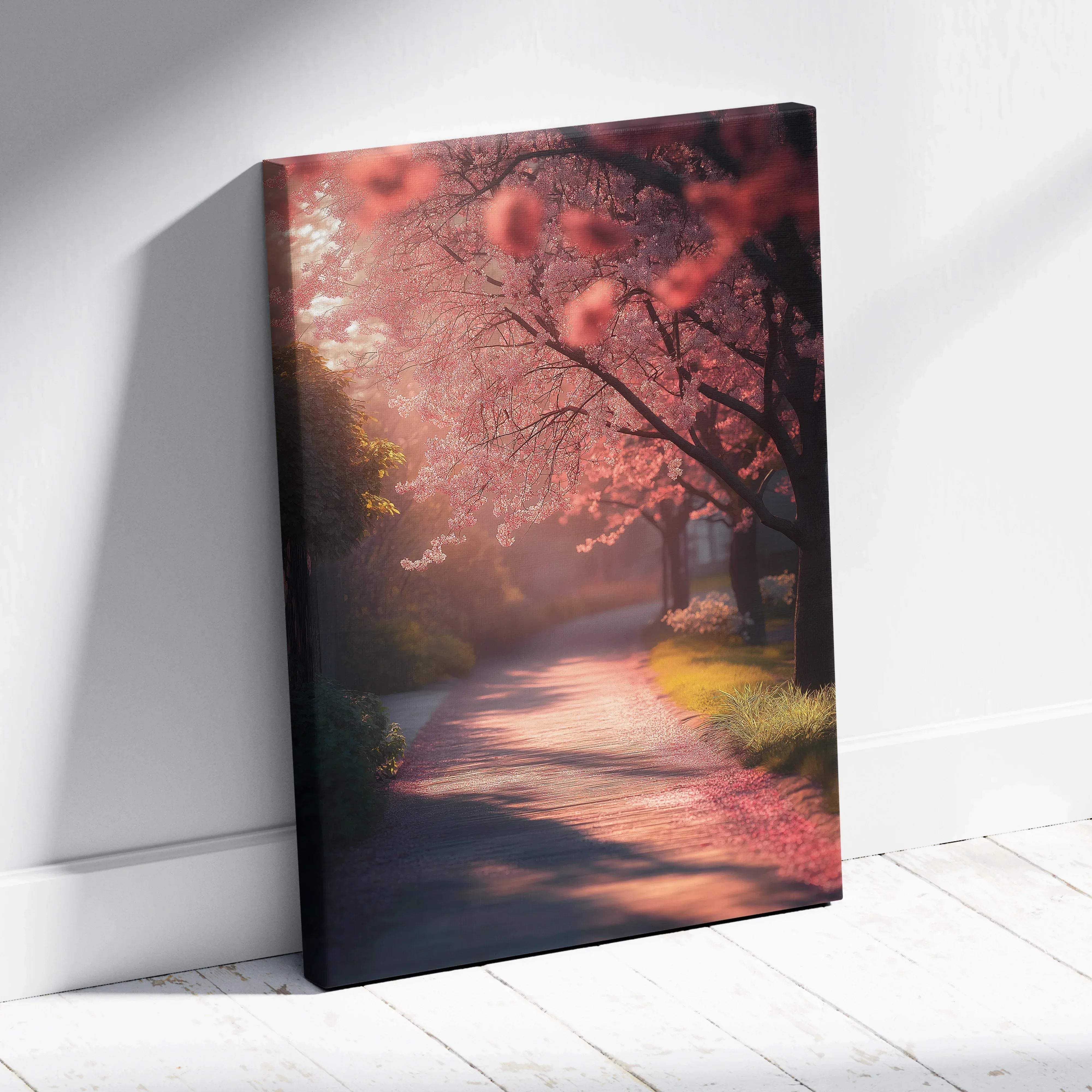 Canvas wall art of romantic cherry blossom path in park at soft pink sunset
