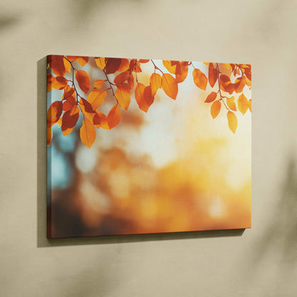 Canvas wall art featuring vibrant golden and orange autumn leaves with a soft blurred natural background.