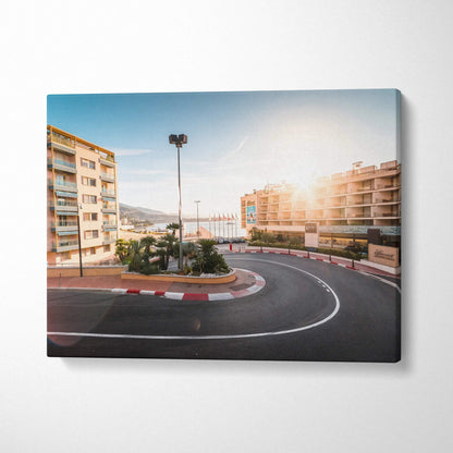 Monaco F1 hairpin turn canvas wall art with urban buildings and sunset light.