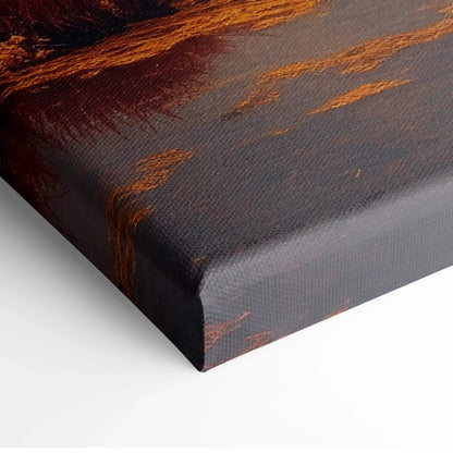 Close-up of textured canvas wall art with autumn-inspired dark brown and orange digital nature design.
