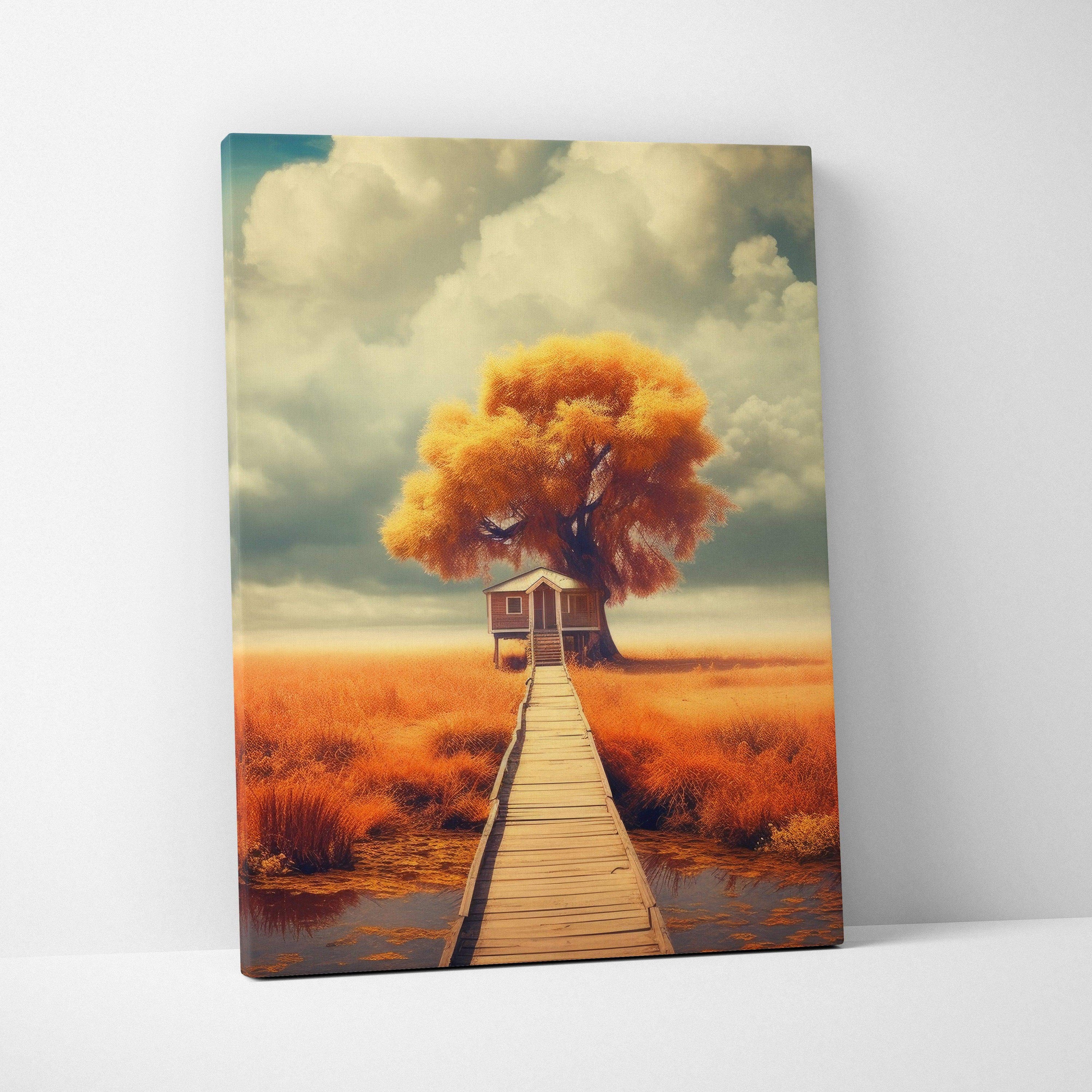 Canvas wall art featuring vibrant autumn tree with orange leaves and wooden cabin under cloudy sky.