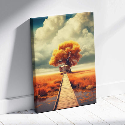 Canvas wall art featuring a vibrant autumn tree with orange leaves and a wooden walkway under dramatic clouds.