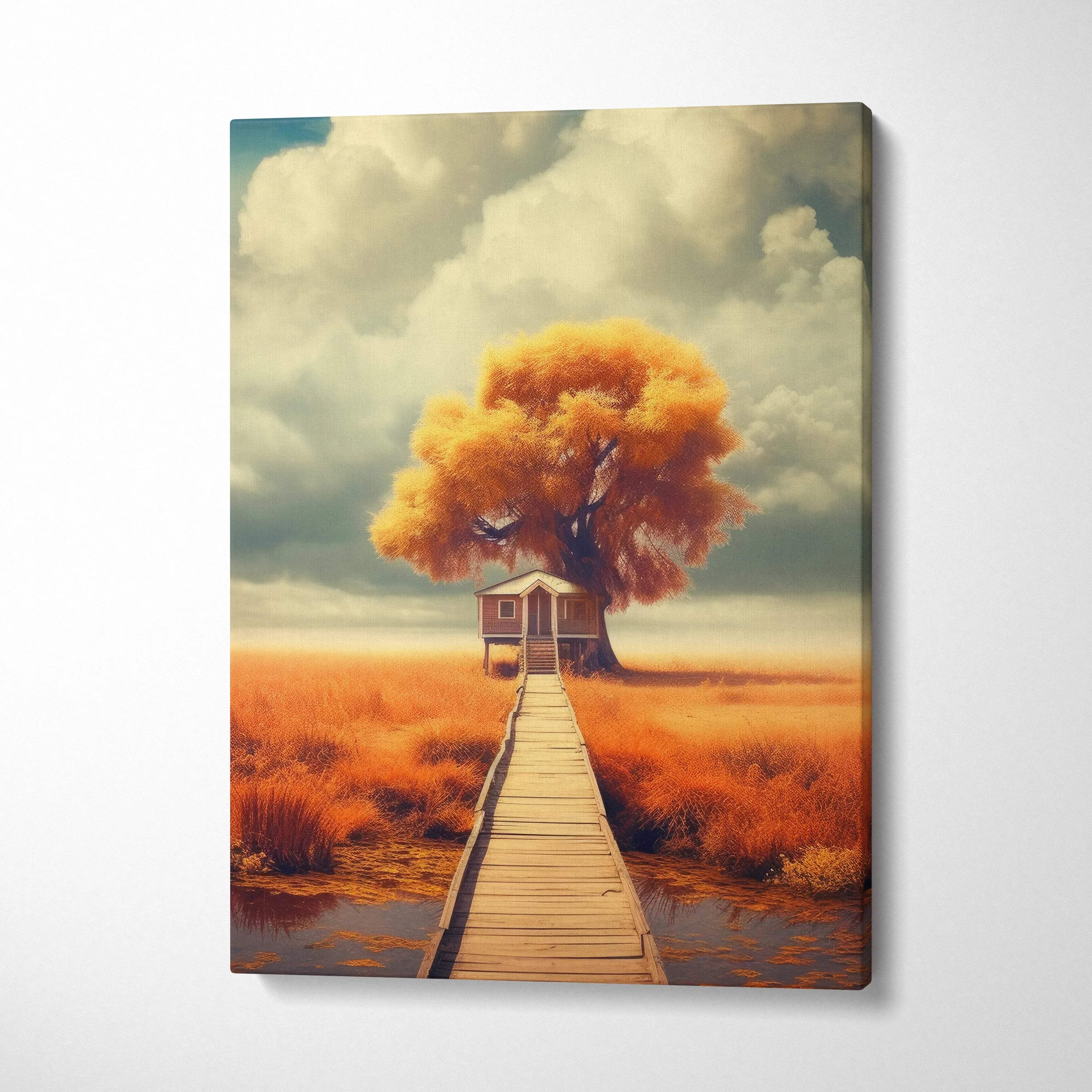 Canvas wall art featuring a serene autumn scene with a large orange tree and wooden cabin over a boardwalk.