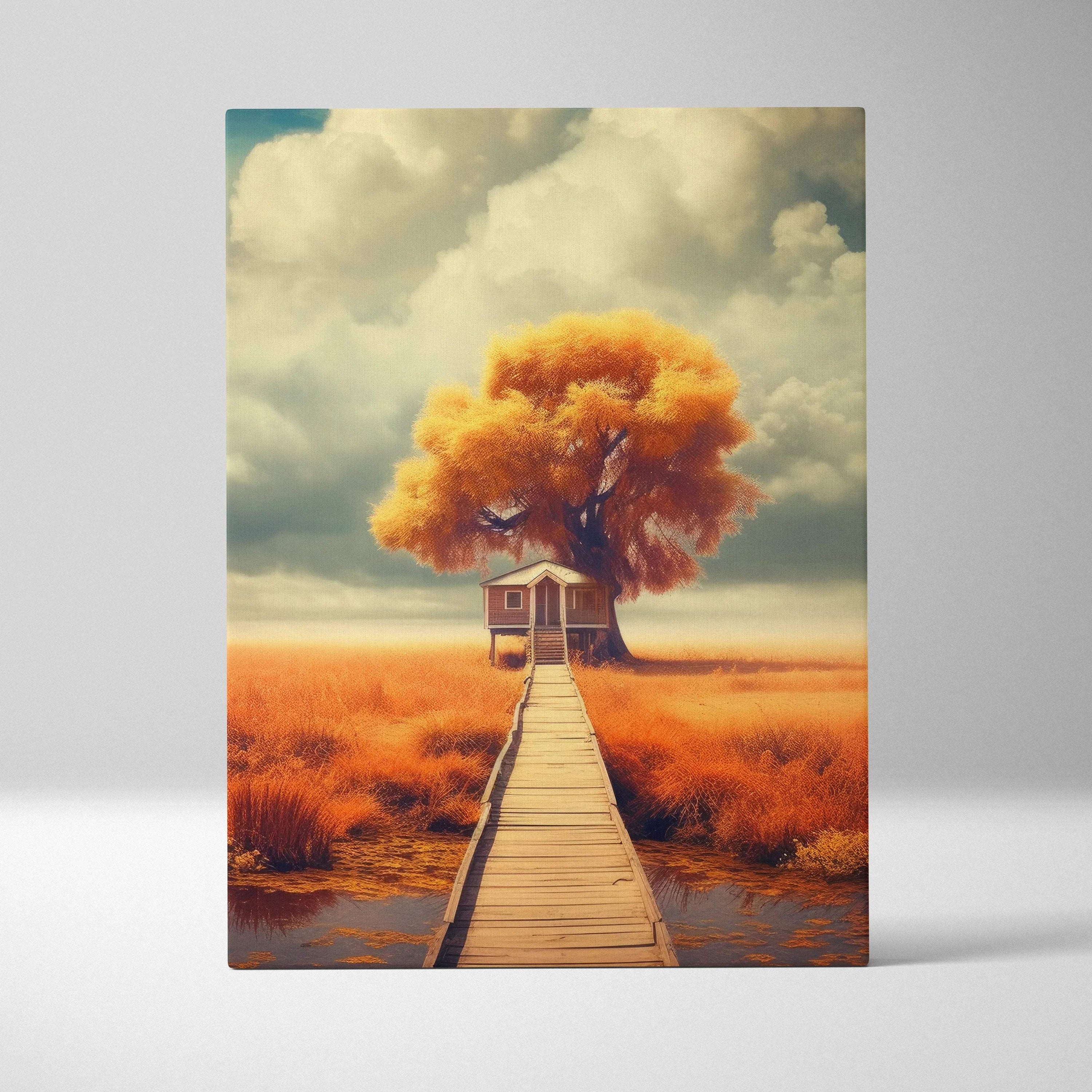 Canvas wall art portraying a wooden boardwalk leading to a treehouse under a vibrant orange autumn tree with dramatic.