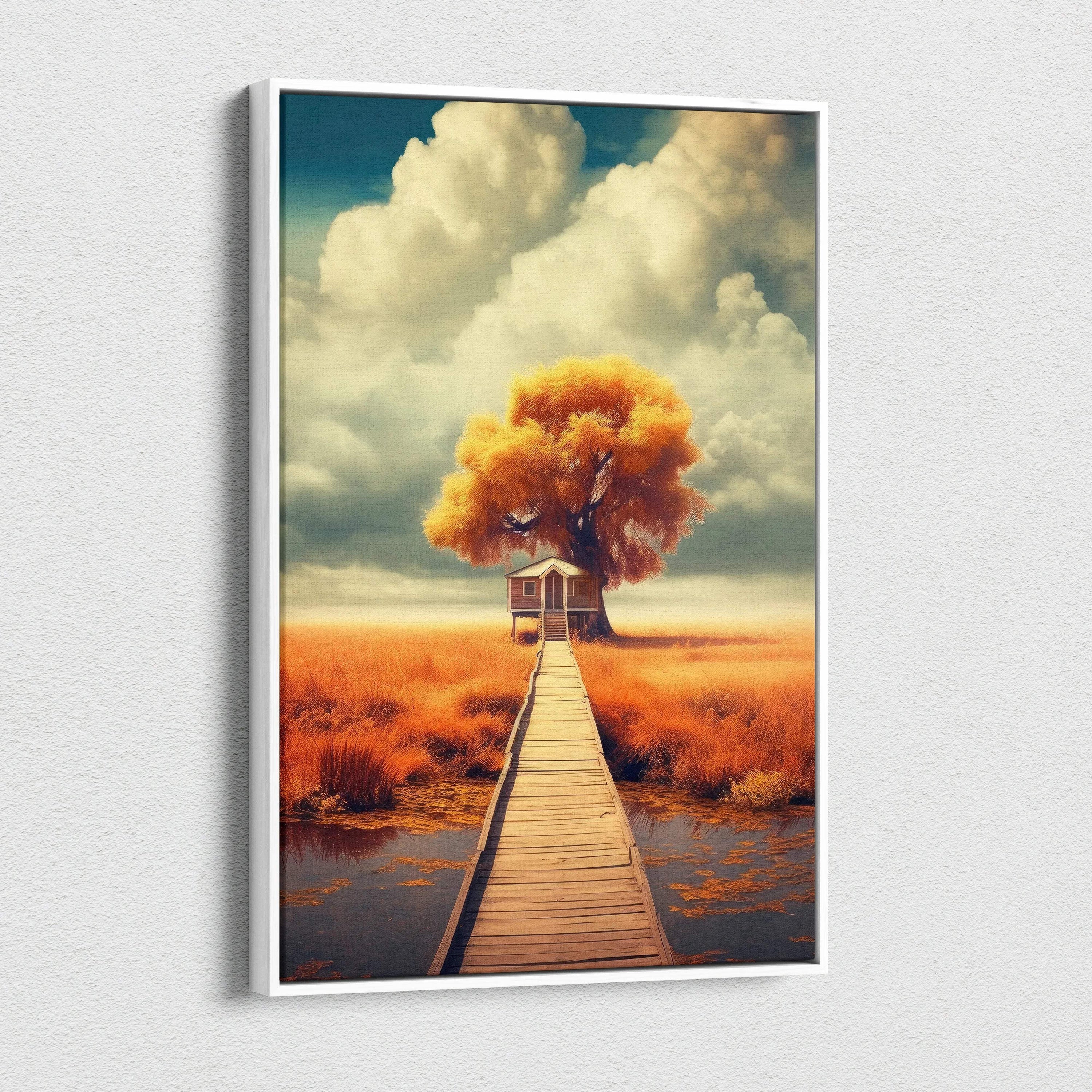 Vertical canvas wall art featuring a vibrant orange tree and wooden walkway under a dramatic cloudy sky.