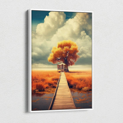 Vertical canvas wall art featuring a vibrant orange tree and wooden walkway under a dramatic cloudy sky.
