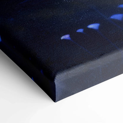 Dark blue cosmic canvas print with glowing nebulae and stars