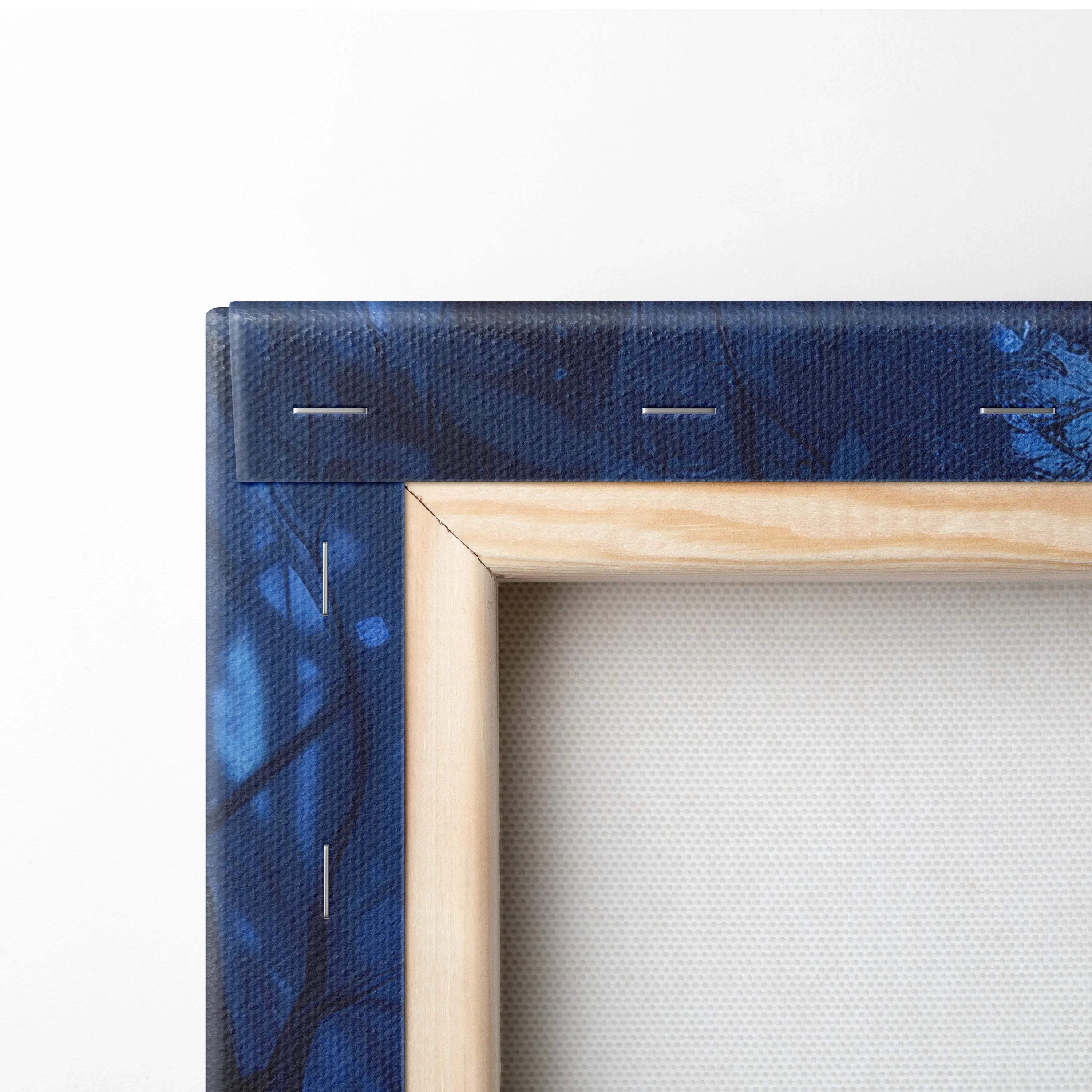 Navy blue Fantasy Forest canvas art with glowing heart tree, light wood frame, stitched edges