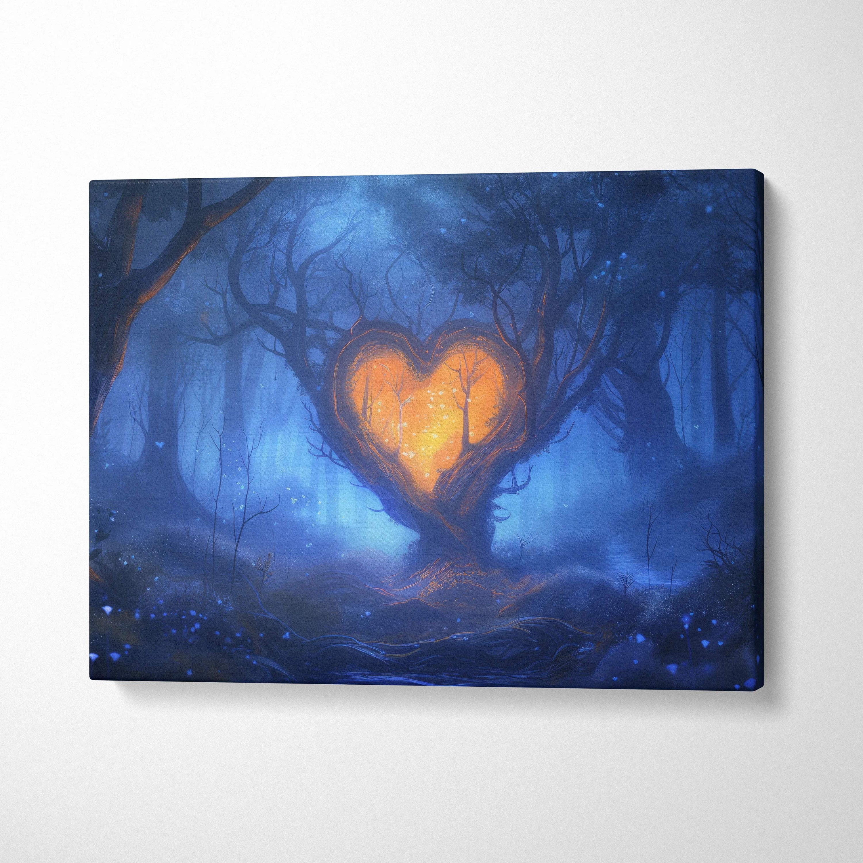 Glowing orange heart tree canvas art in misty blue fantasy forest