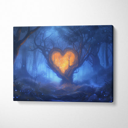 Glowing orange heart tree canvas art in misty blue fantasy forest