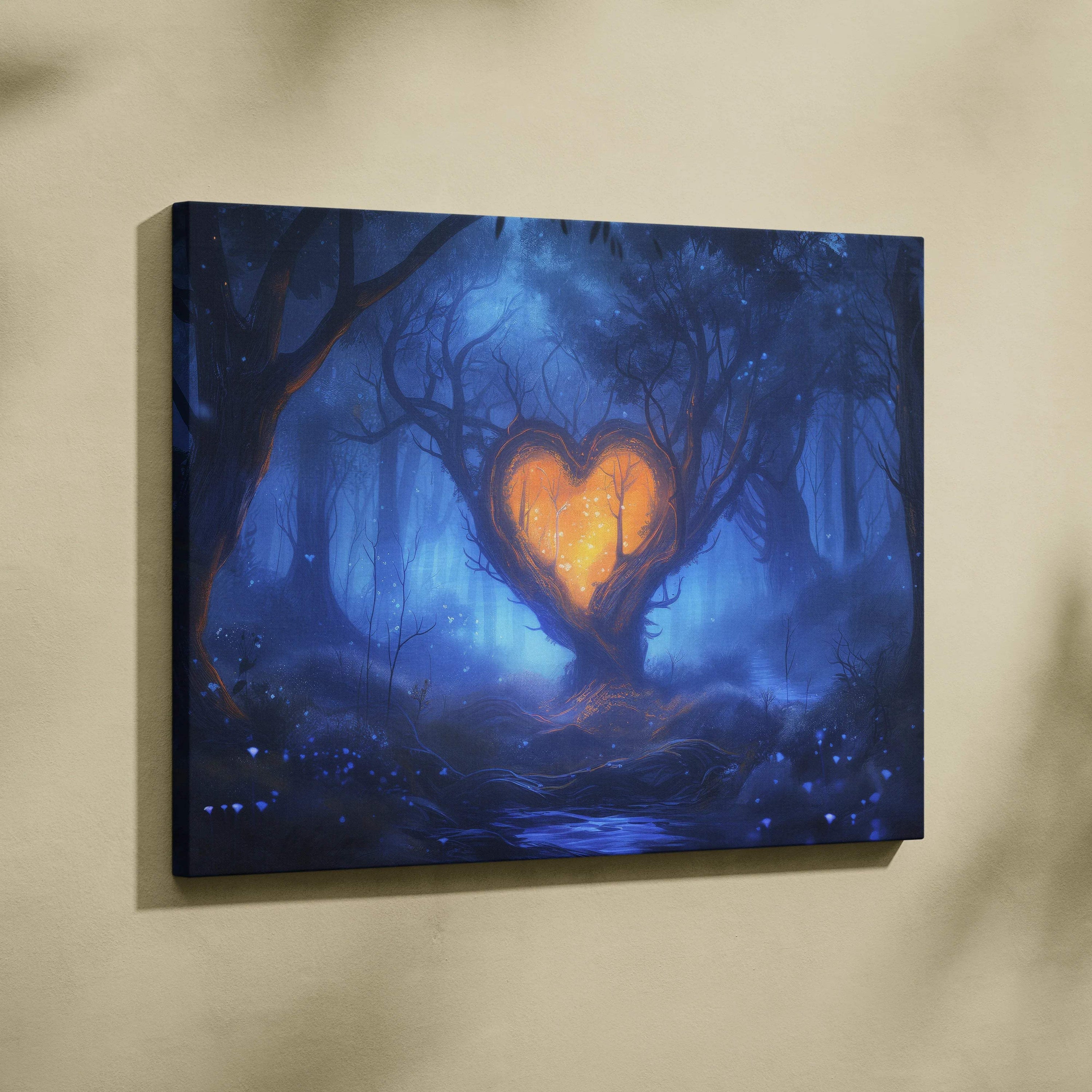 Canvas wall art of glowing orange heart tree in misty blue fantasy forest