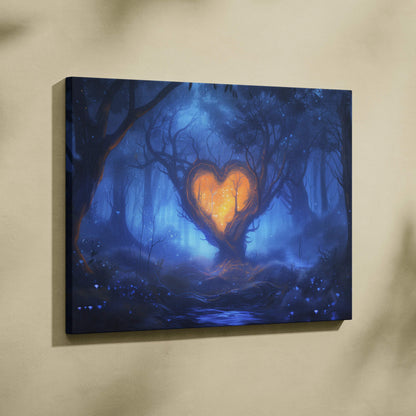 Canvas wall art of glowing orange heart tree in misty blue fantasy forest