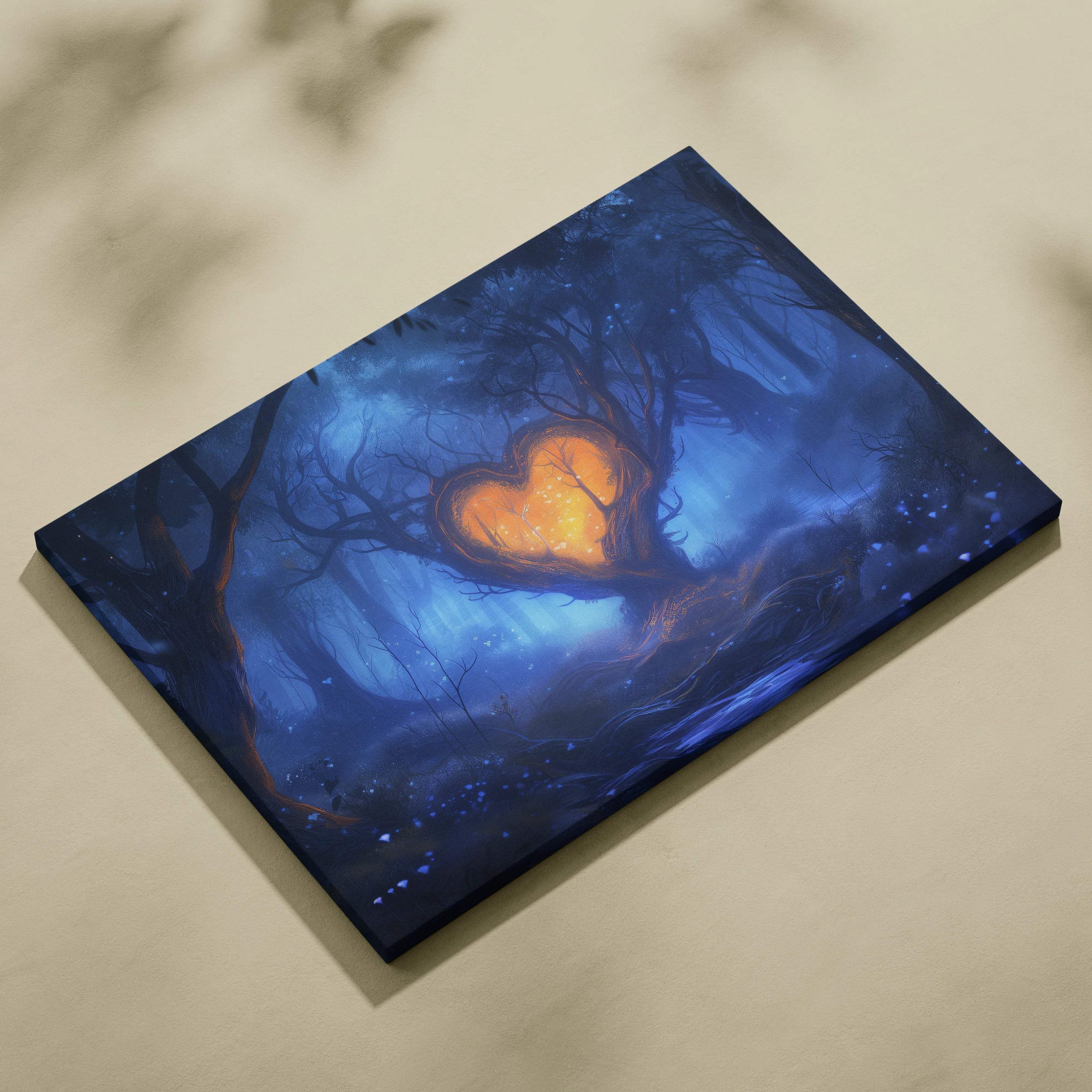 Canvas print of glowing orange heart in misty blue forest tree branches starry sky
