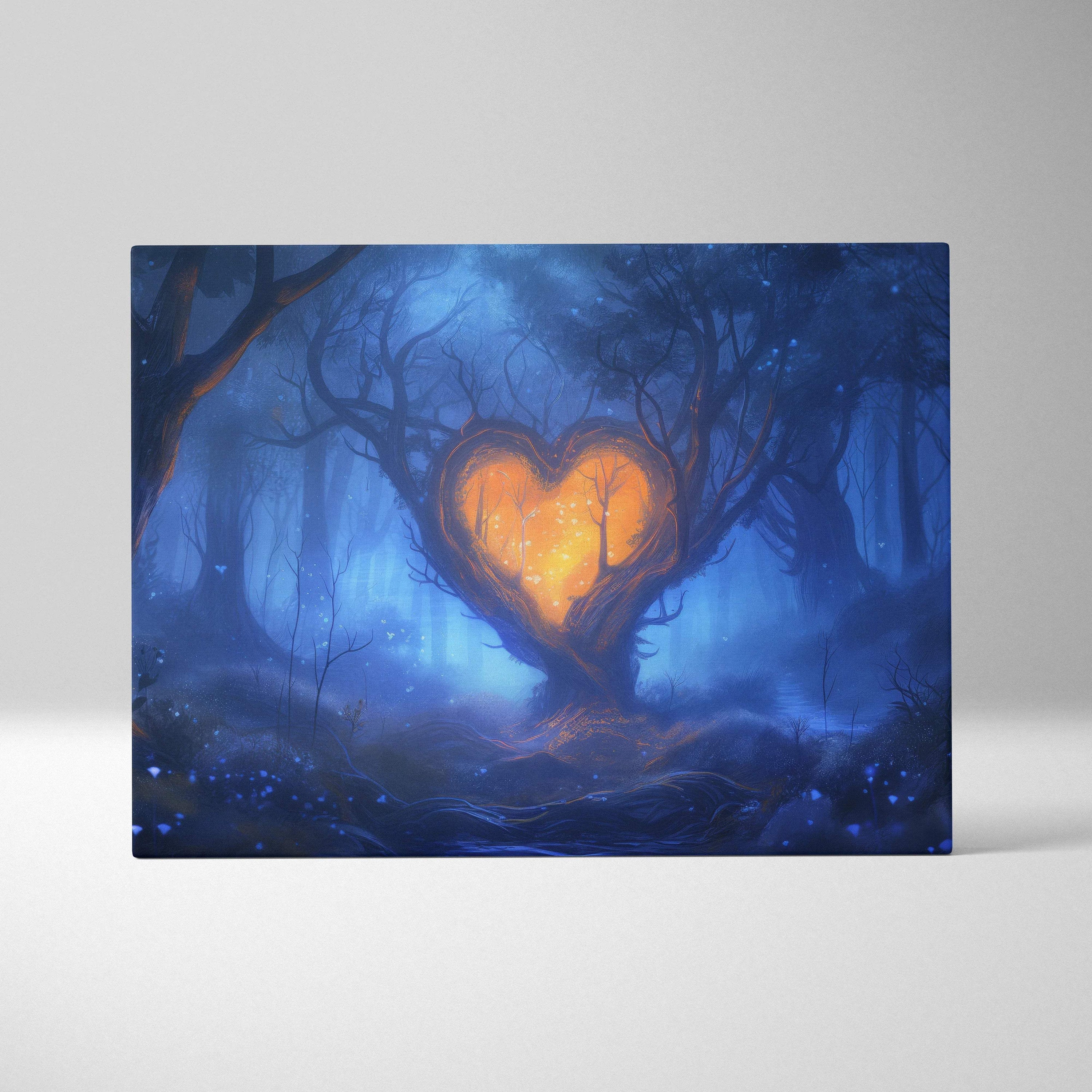 Canvas wall art of glowing orange heart tree in misty blue forest
