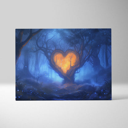 Canvas wall art of glowing orange heart tree in misty blue forest