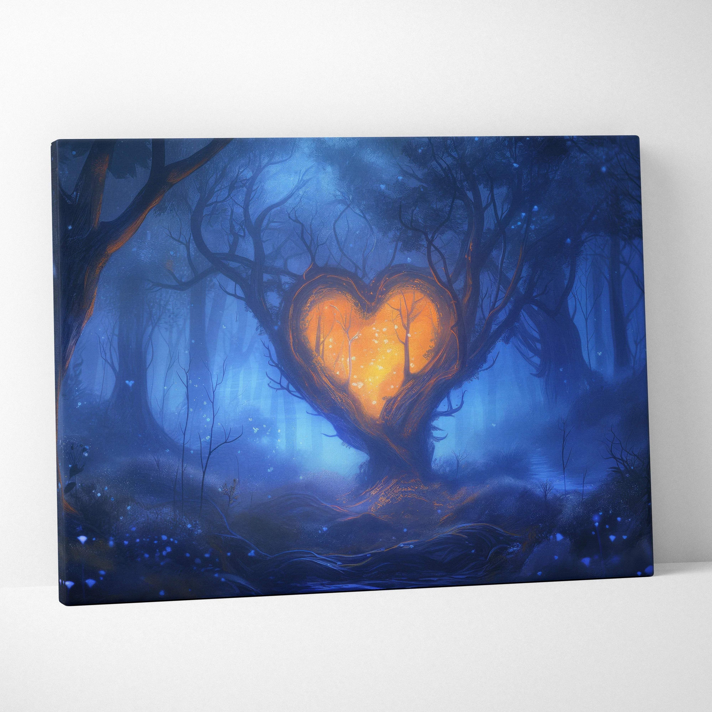 Glowing orange heart tree canvas wall art in misty blue fantasy forest