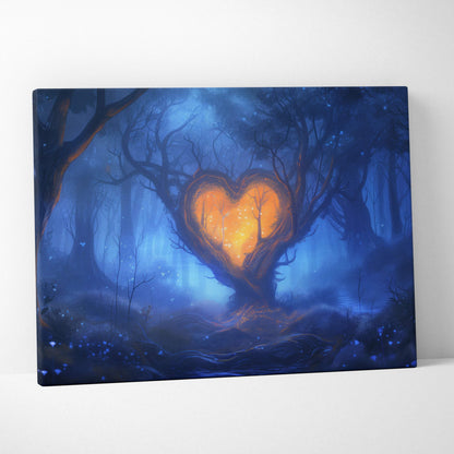 Glowing orange heart tree canvas wall art in misty blue fantasy forest