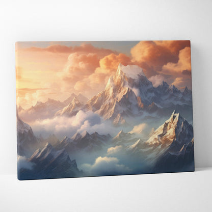 Canvas wall art of fantasy mountain landscape at sunset golden hour