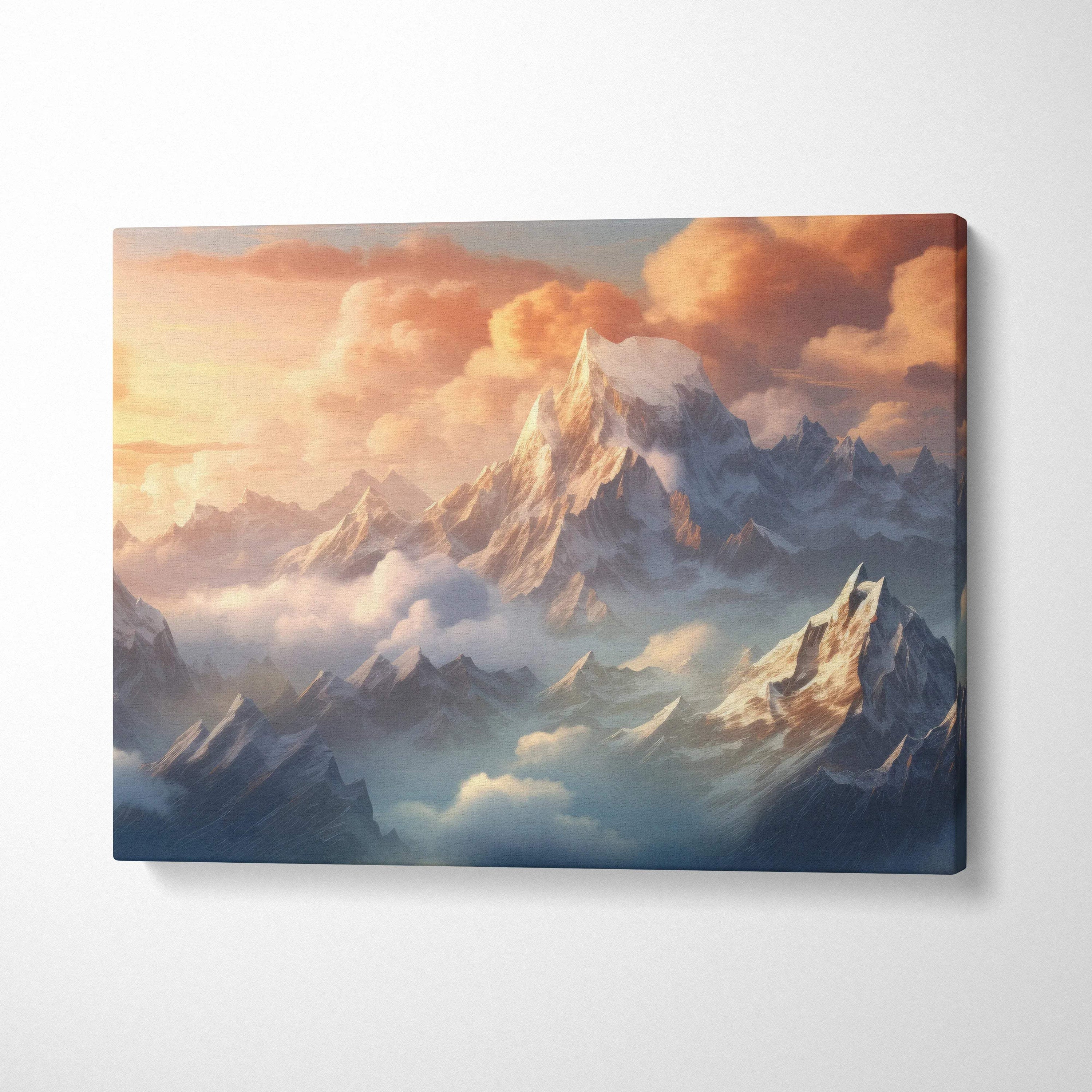 Canvas print of fantasy mountain landscape at sunset golden hour