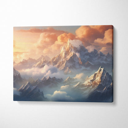 Canvas print of fantasy mountain landscape at sunset golden hour