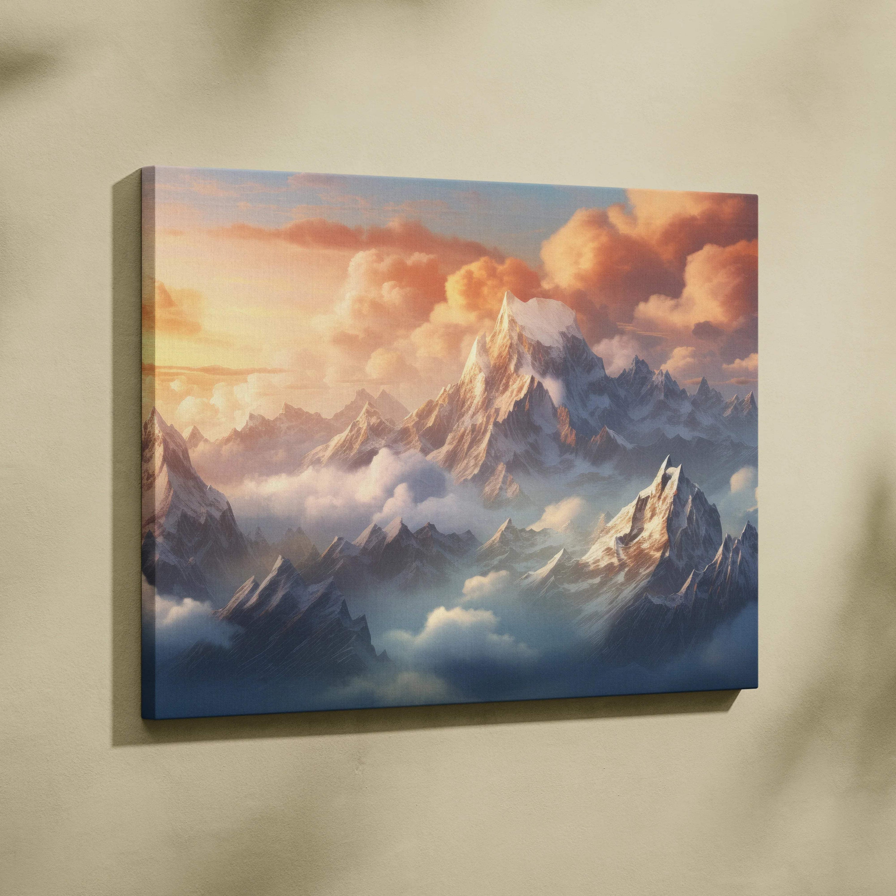 Canvas print of fantasy mountain landscape with sunset clouds