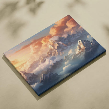 Canvas wall art of fantasy mountain landscape with clouds and sunset