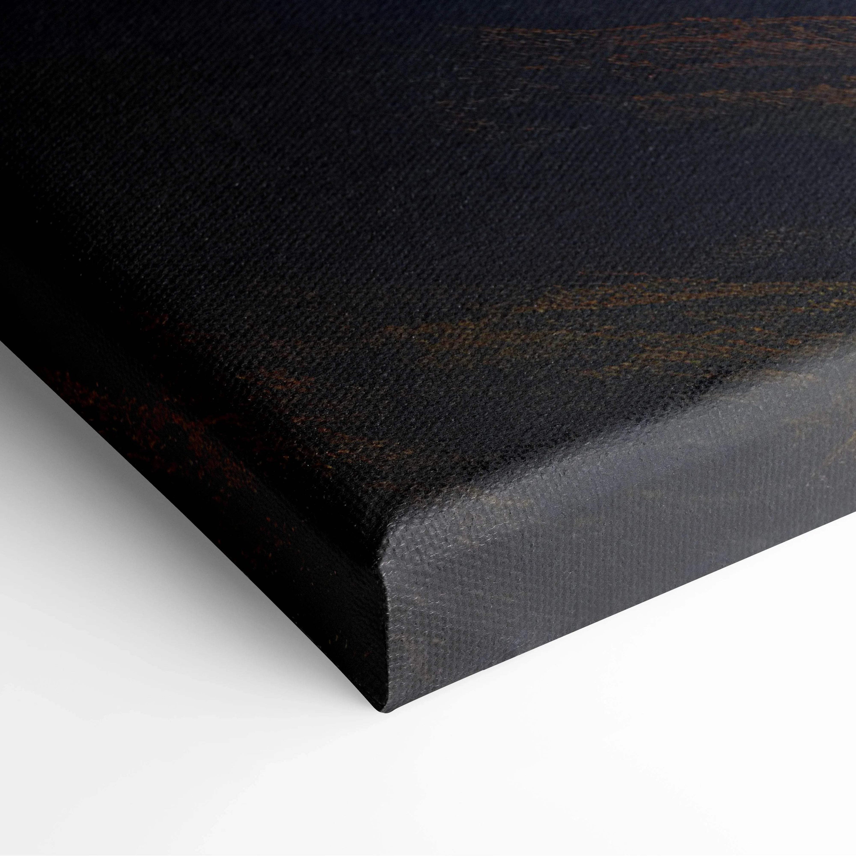 Black canvas print of fantasy mountain landscape at sunset with textured surface