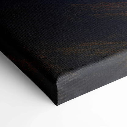 Black canvas print of fantasy mountain landscape at sunset with textured surface