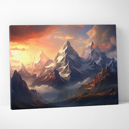 Canvas wall art of fantasy snowcapped mountain peaks at sunset