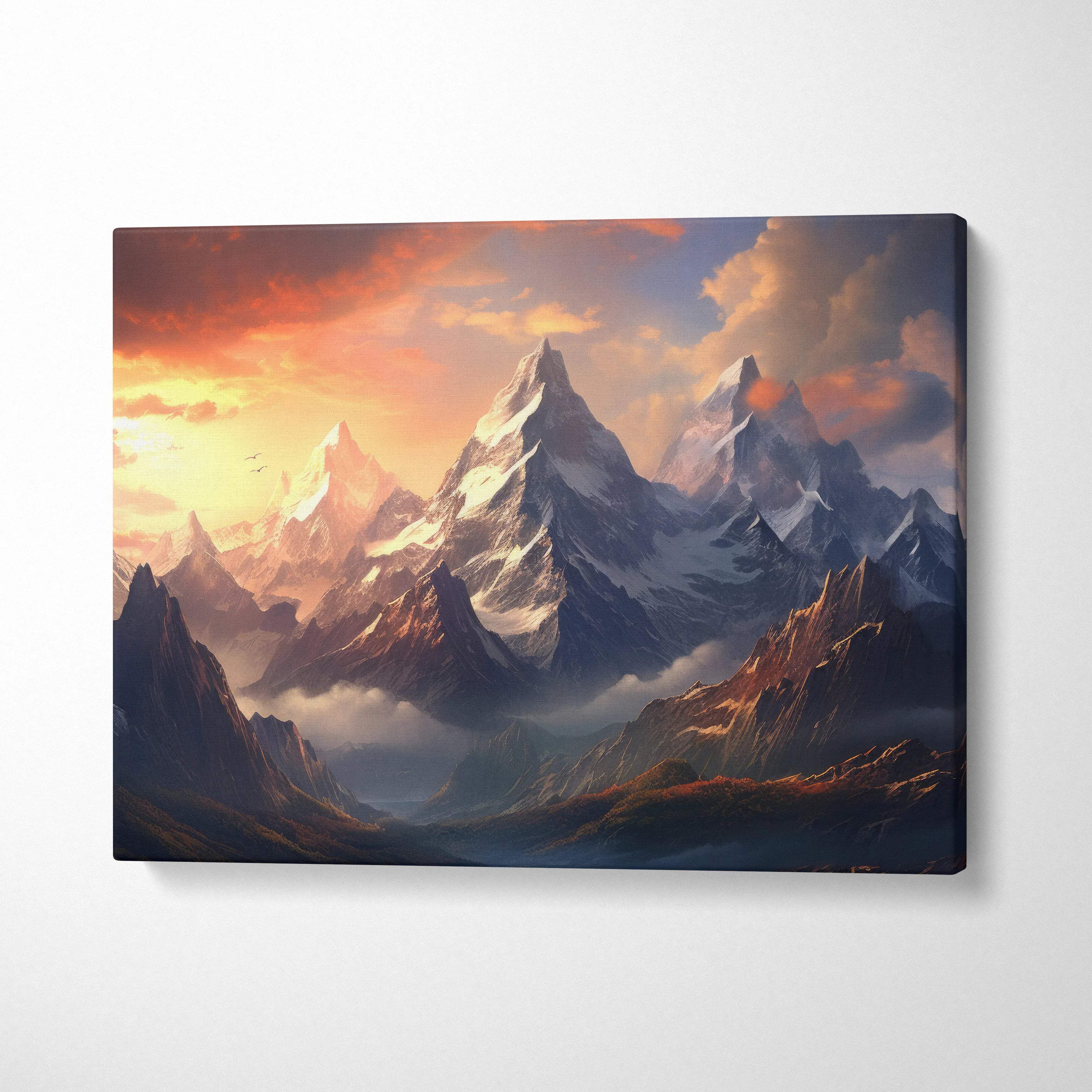 Canvas wall art of fantasy mountain landscape with snowcapped peaks at sunset