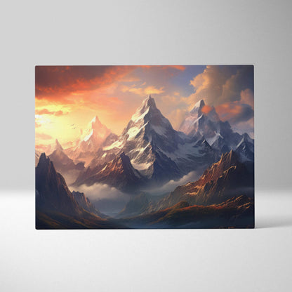 Canvas wall art of fantasy mountain landscape with snowcapped peaks at sunset