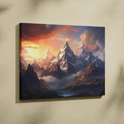 Canvas wall art of fantasy snowcapped mountain peaks at sunset