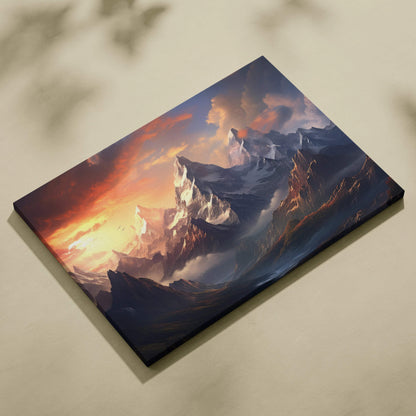 Canvas wall art of fantasy mountain landscape with snowcapped peaks at sunset