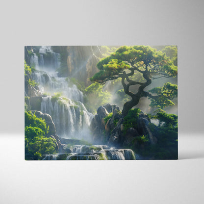 Forest waterfall scene with Japanese tree on canvas wall art decor in soft sunlight.
