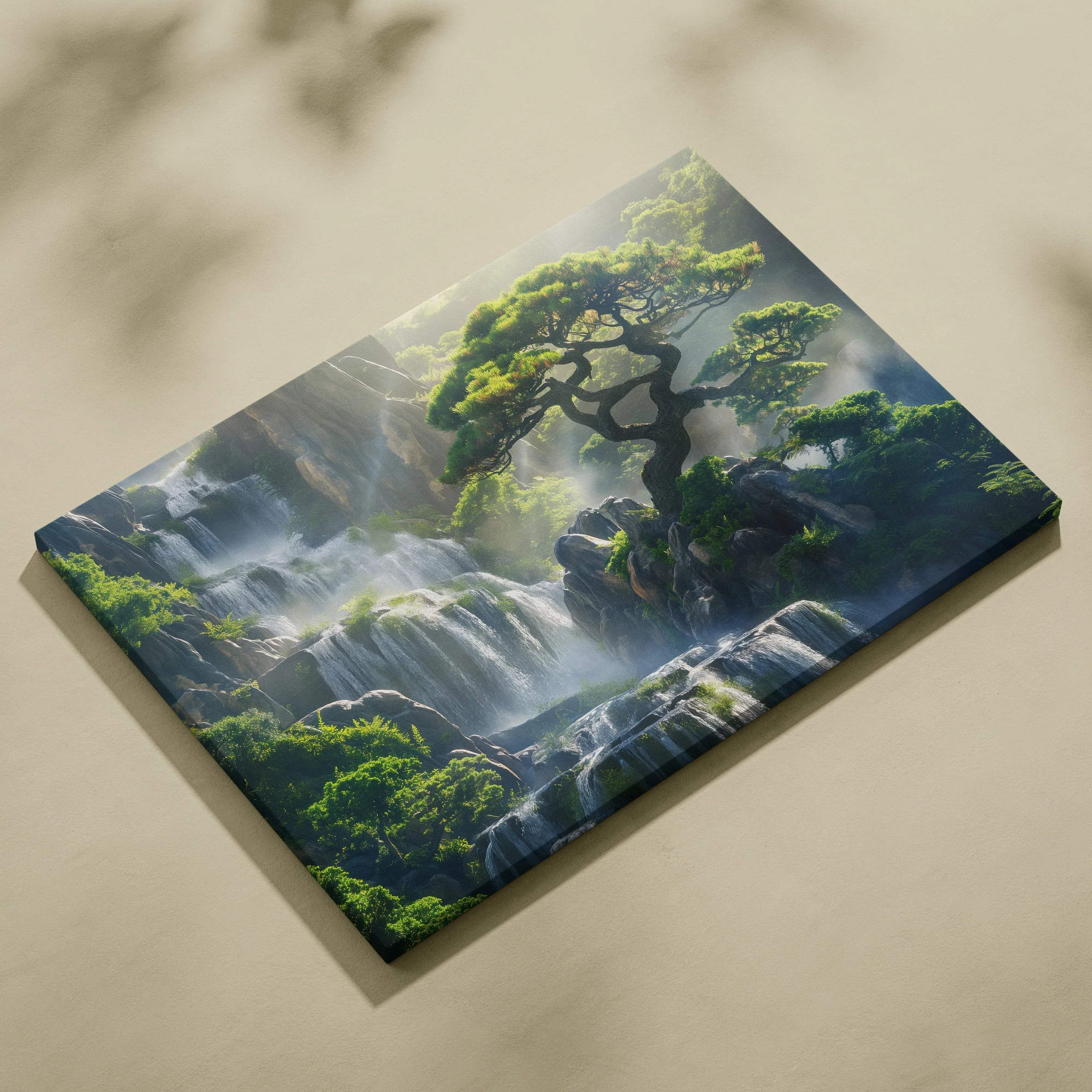 Forest landscape canvas wall art featuring Japanese waterfalls and lush greenery decor.