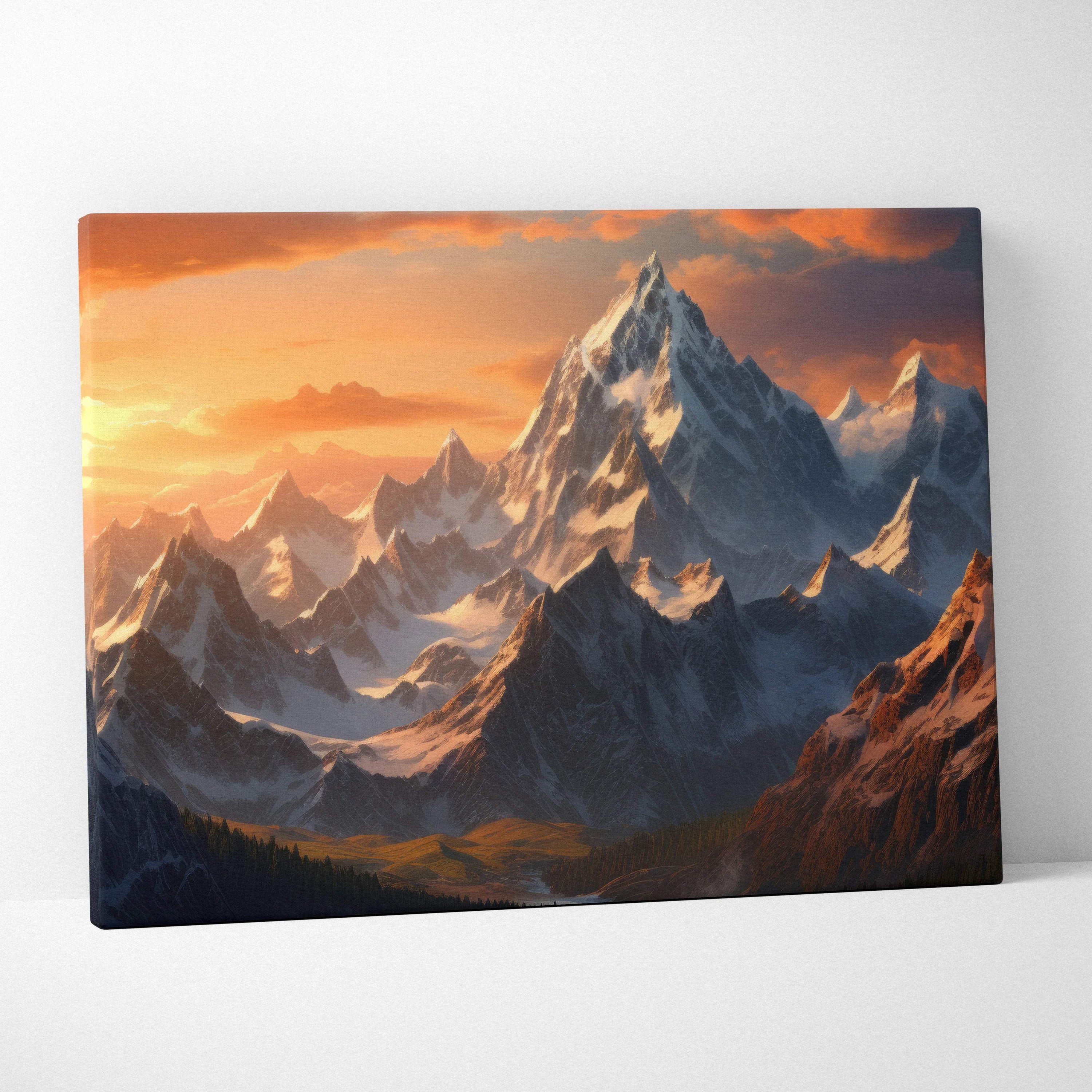 Canvas print of fantasy snowcapped mountain peaks at golden hour sunset