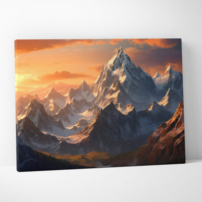 Canvas print of fantasy snowcapped mountain peaks at golden hour sunset