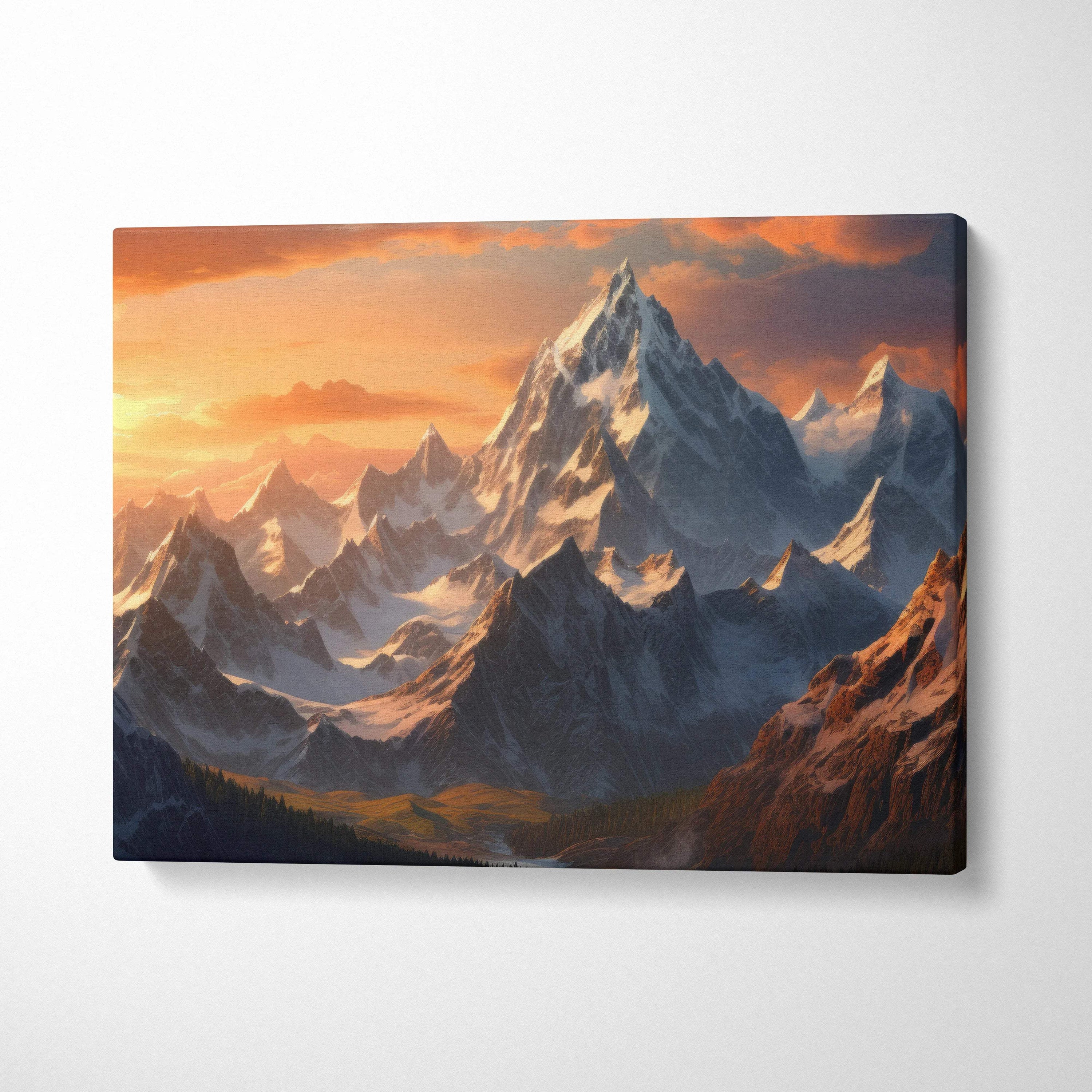 Canvas print of fantasy snowcapped mountain peaks at sunset