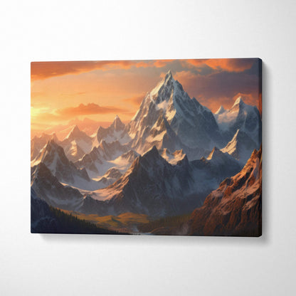 Canvas print of fantasy snowcapped mountain peaks at sunset