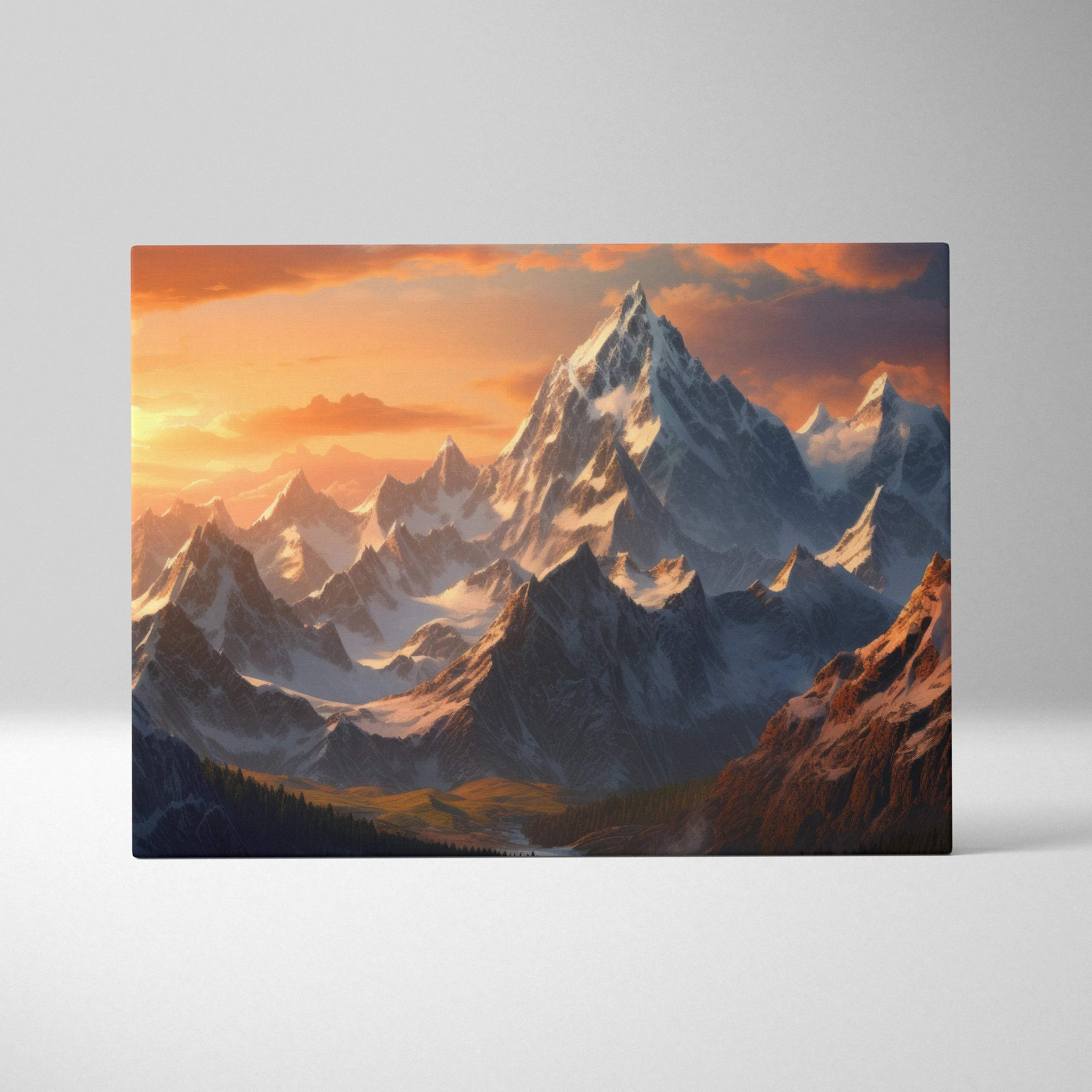 Canvas print of fantasy snowcapped mountain peaks at golden hour sunset
