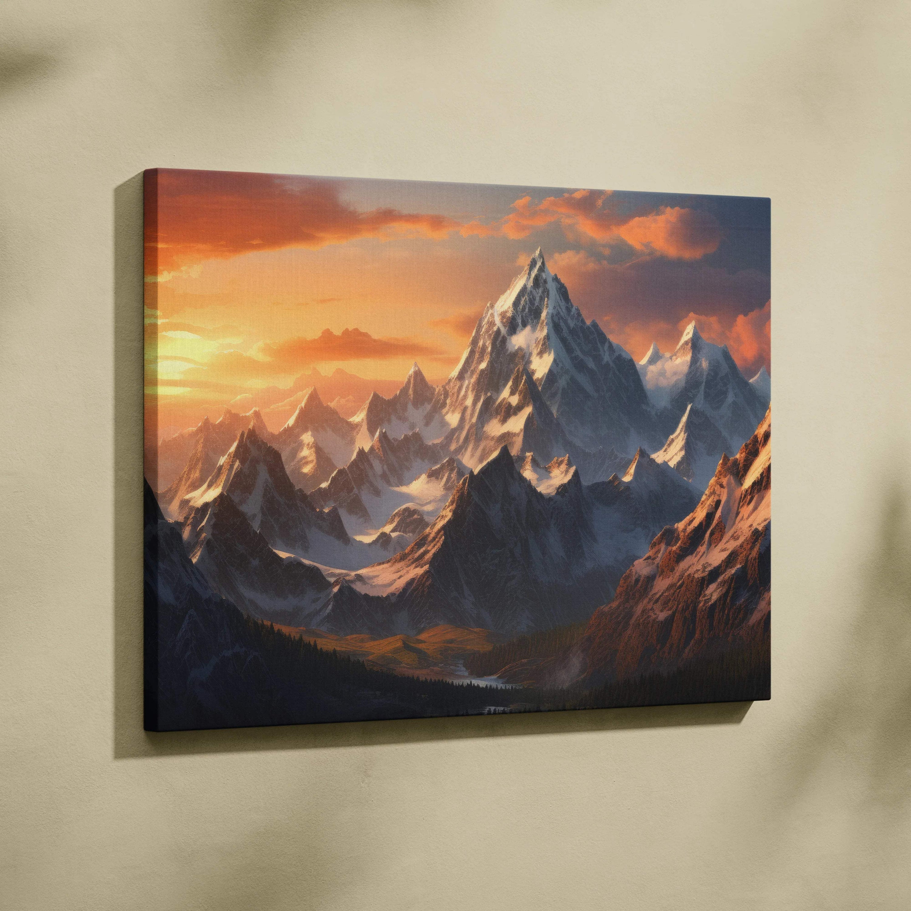 Canvas wall art of fantasy mountain landscape with snowcapped peaks at sunset