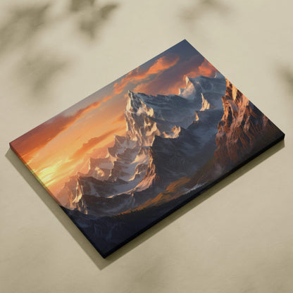 Canvas wall art of fantasy snowcapped mountain peaks at golden hour sunset