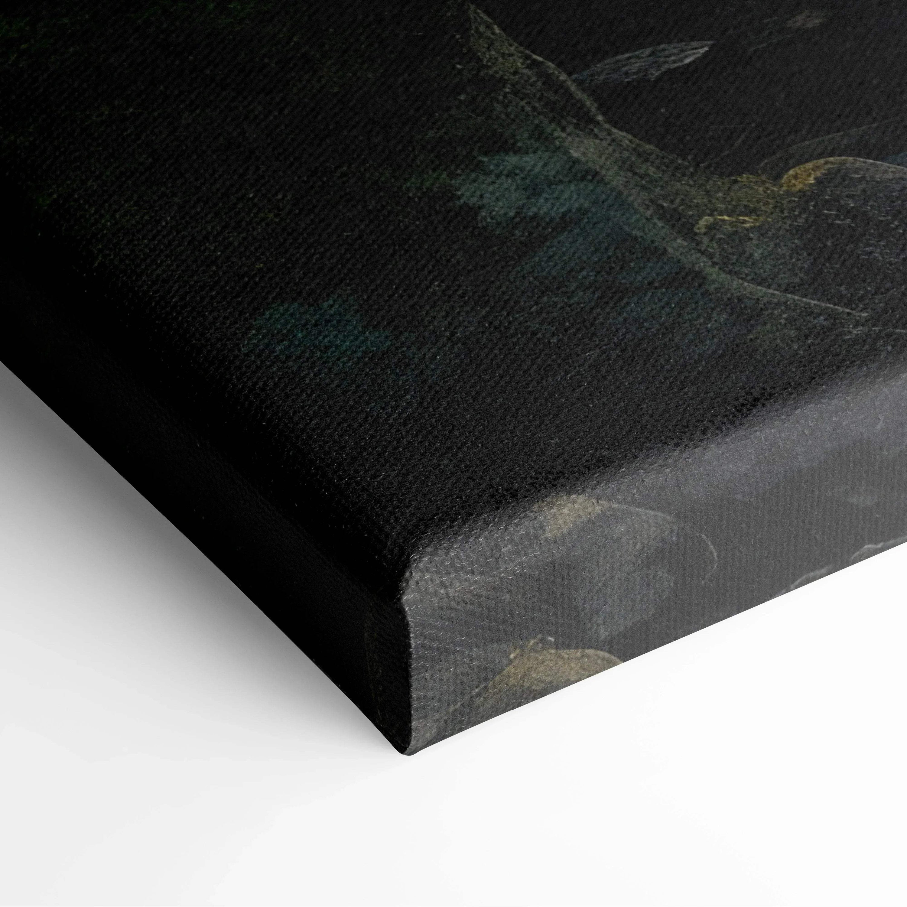 Close-up of canvas wall art corner showing textured weave and dark serene forest colors with old bridge decor.