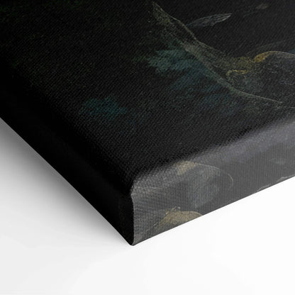Close-up of canvas wall art corner showing textured weave and dark serene forest colors with old bridge decor.