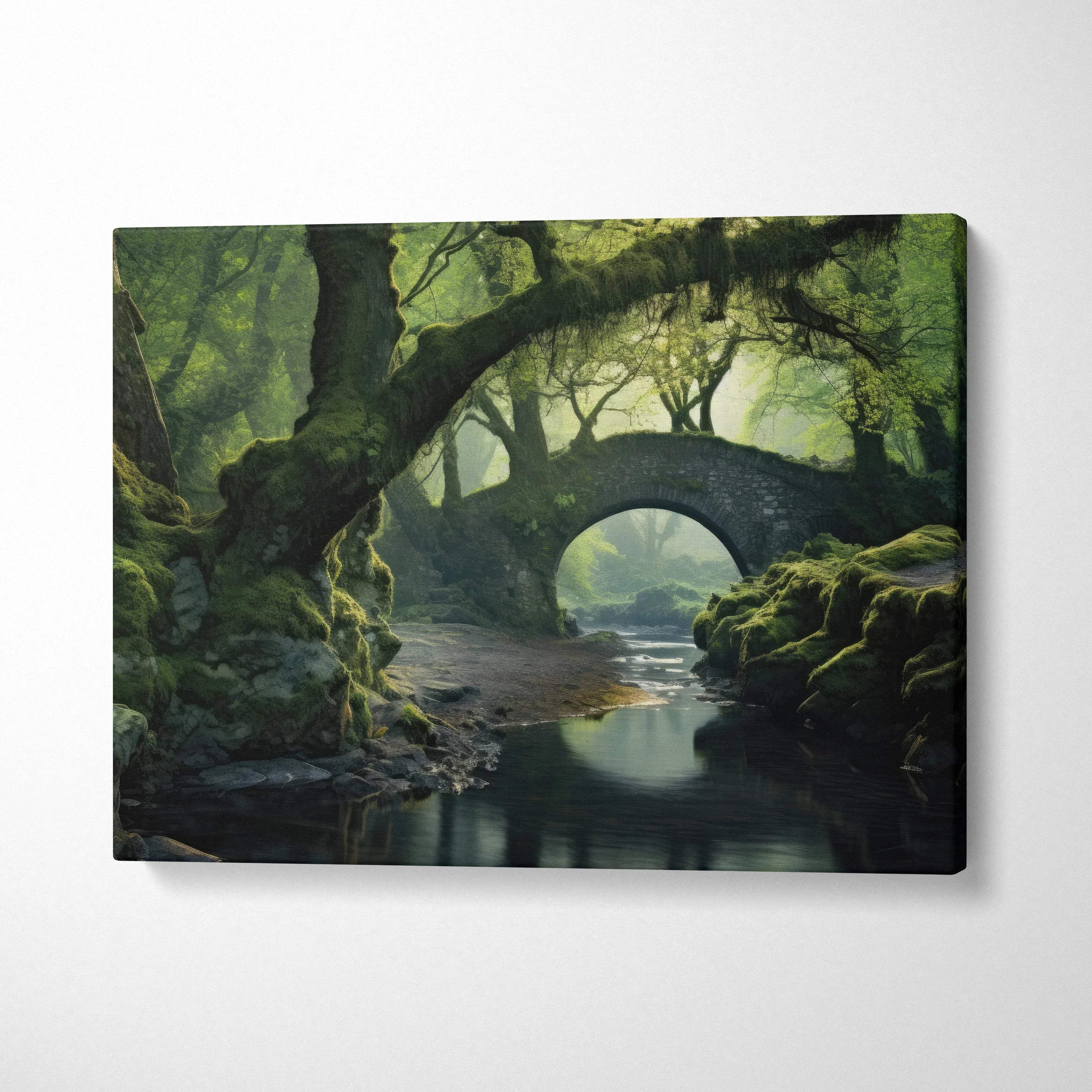 Canvas wall art of serene forest landscape with ancient trees and old stone bridge over calm stream.