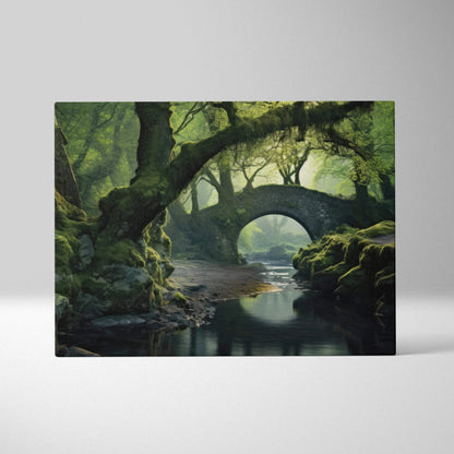 Canvas wall art featuring serene forest landscape with ancient trees and old stone bridge over calm water.