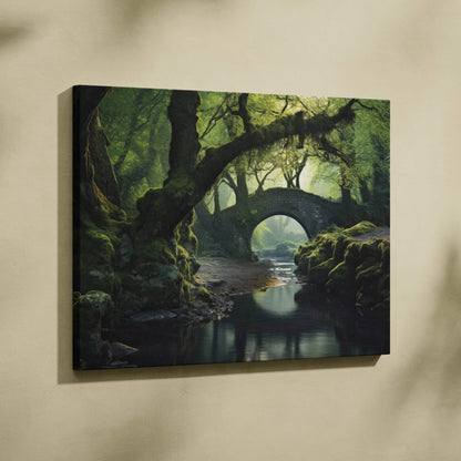 Serene forest landscape canvas wall art featuring ancient stone bridge and lush trees reflecting in calm water.