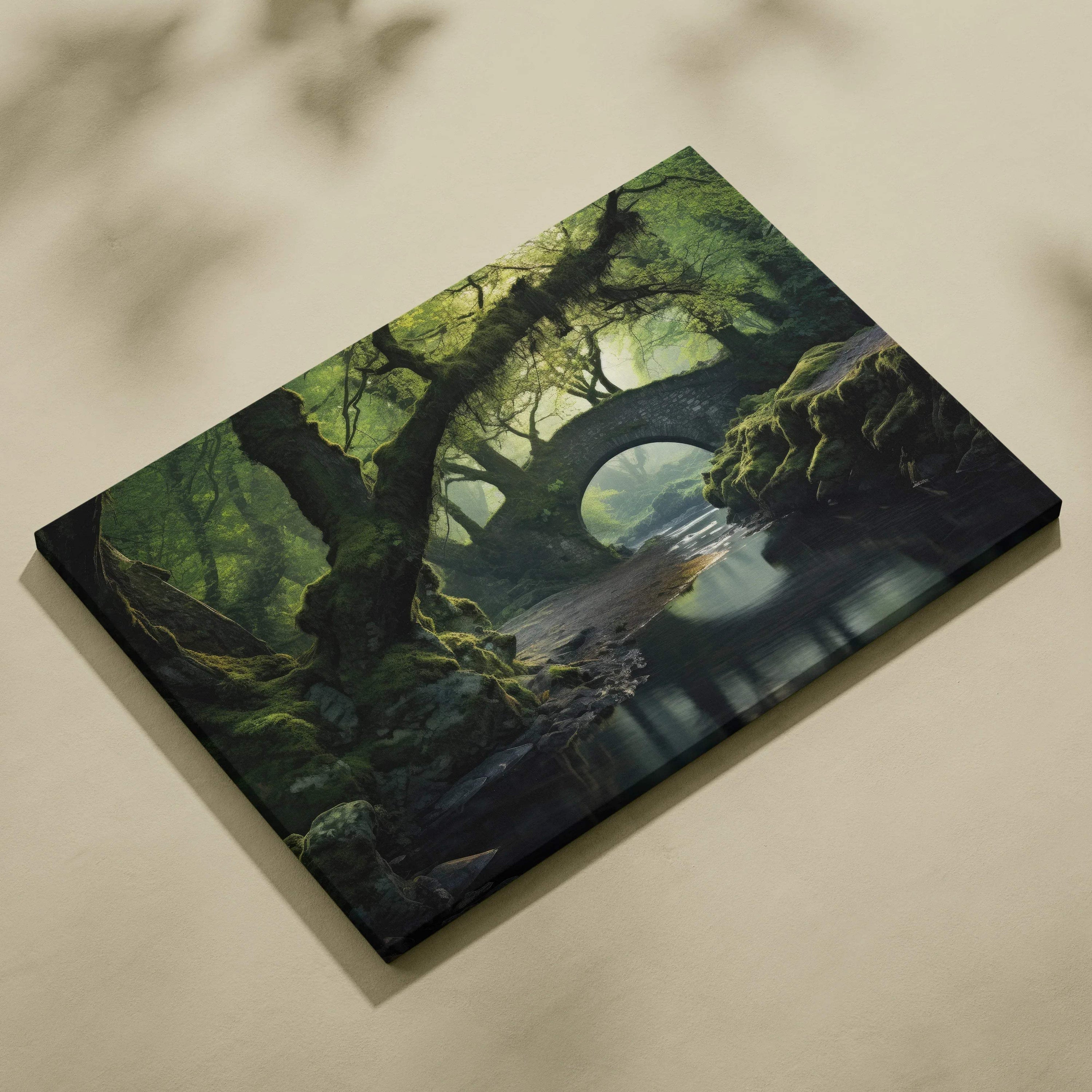 Canvas wall art featuring serene forest landscape with ancient trees and old stone bridge over calm water.
