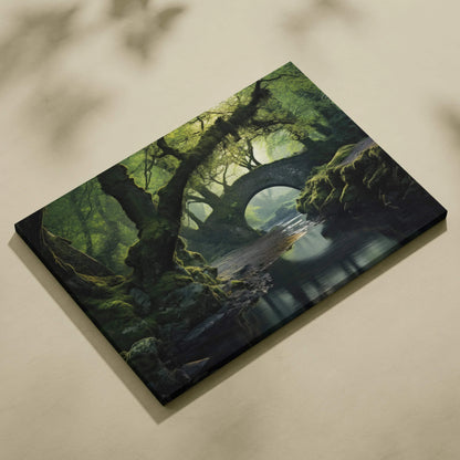 Canvas wall art featuring serene forest landscape with ancient trees and old stone bridge over calm water.