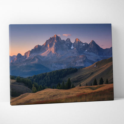 Canvas print of majestic snow-capped mountains at golden hour sunset with lavender sky